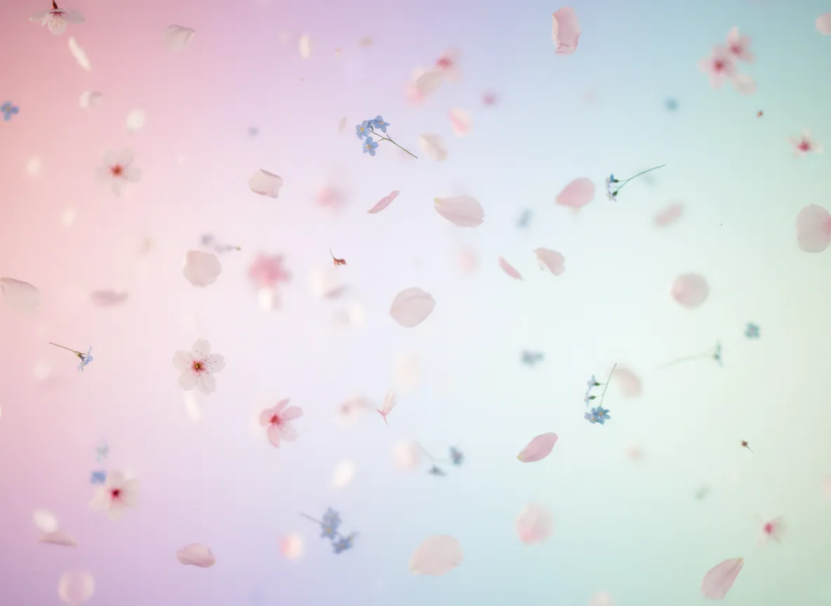 Soft pastel-gradient backdrop with delicate flower petals suspended mid-air throughout the scene, gently out of focus. Romantic, whimsical, and dynamic.