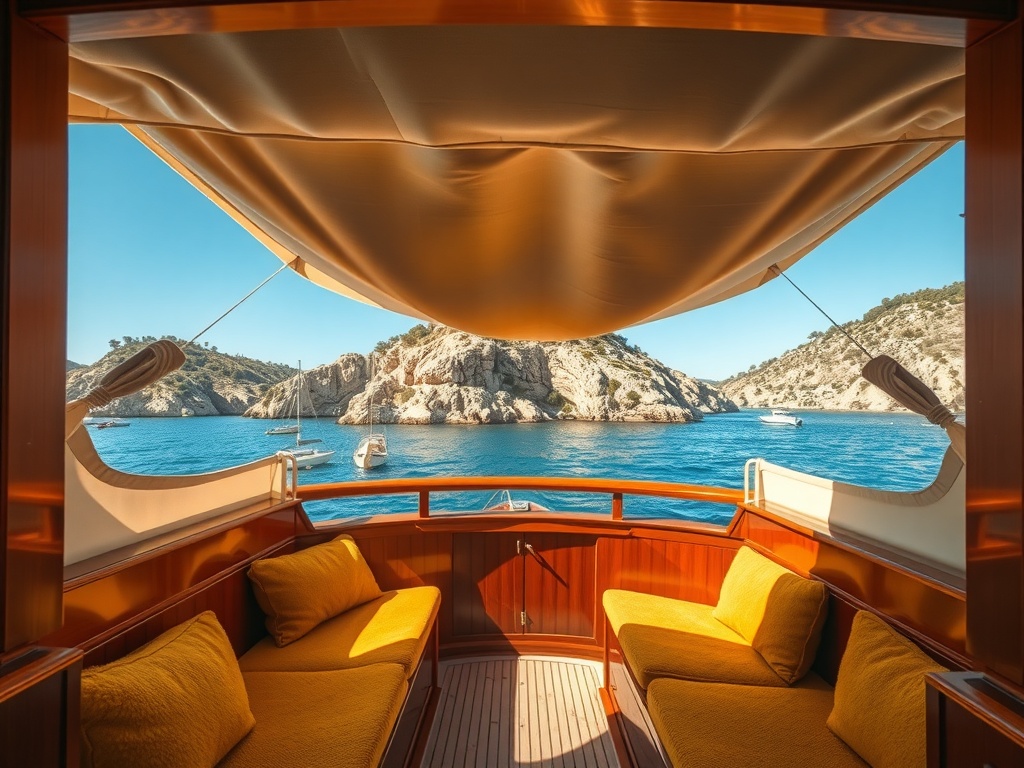 Stern deck of a classic varnished wooden motorboat, Italian Riviera style. Cream canvas awning stretched overhead on a polished wood frame, wide open side framing the view like a window: deep blue sea, scrub-covered rocky hillside cove and small anchored boats in the distance. Golden terry-cloth cushions on the bench seating, honey-toned varnished mahogany rails and paneling.