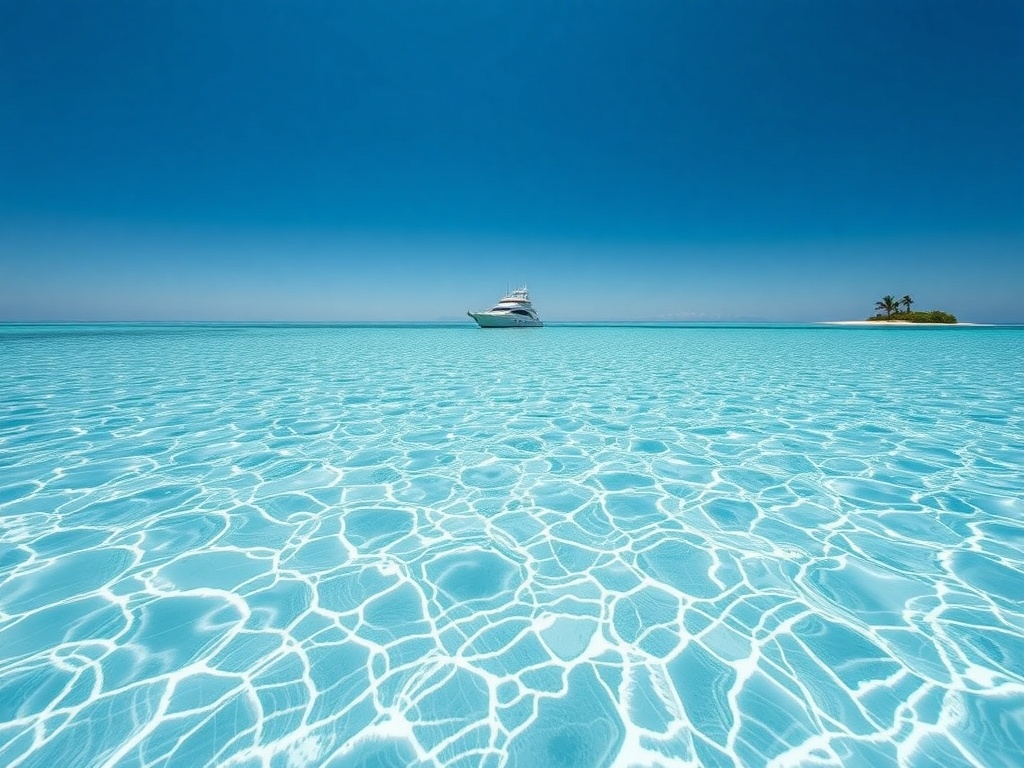 Knee-deep crystal-clear turquoise flats of a tropical sea, rippled white sand bottom fully visible through the transparent water, gentle surface ripples catching sunlight. Deep-blue open ocean band at the horizon, a distant white yacht anchored to one side, a tiny palm-covered islet on the other, vast clear blue sky with almost no clouds.