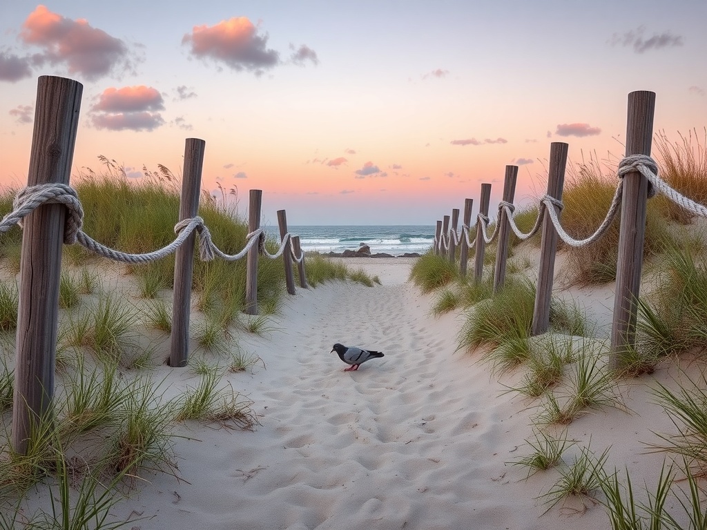 Sandy public beach access path cutting between low grassy dunes toward the open ocean. Weathered wooden posts with sagging rope lines the path on both sides, dune grass tufts, small waves breaking near dark rocks at the shoreline, a lone pigeon on the sand. Pastel dusk sky with scattered lilac and peach clouds.
