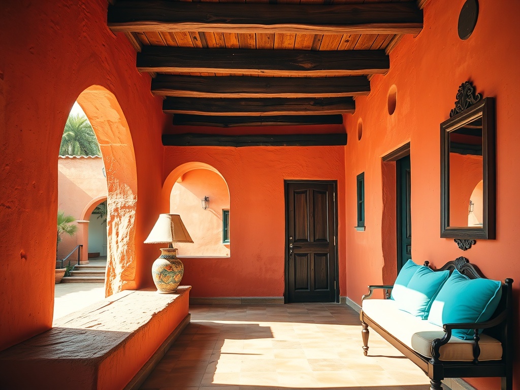 Covered terrace of a Mexican coastal hacienda. Vivid coral-orange textured plaster walls with hand-troweled finish, arched doorway and window frames painted in weathered turquoise-aqua, exposed terracotta tile and wood-beam ceiling overhead. A low bench of rough pink plaster runs along the wall, holding a rustic ceramic talavera lamp with a rawhide shade and a stack of turquoise cushions. A mirror in a dark wood frame reflects warm sunlight from the courtyard.