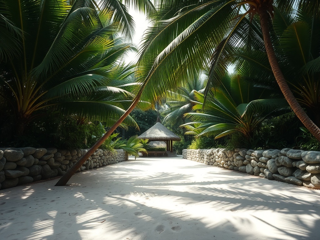 Wide sandy clearing and path inside dense tropical jungle, Tulum style. Slim curved palm trunk leaning across the frame, layered greenery of tall palms, ferns and broad tropical leaves, low walls of stacked rounded grey stone partially covered by vegetation, thatched palapa roof barely visible behind the canopy. Fine pale sand with scattered footprints and leaf shadows.