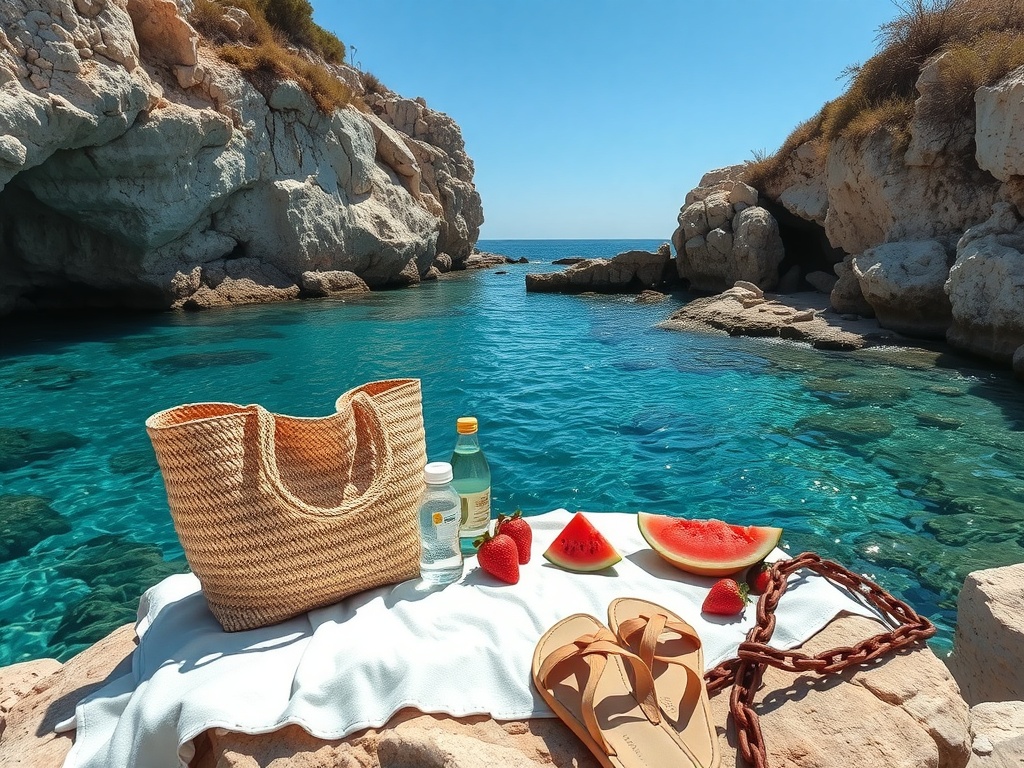 Rocky Mediterranean cove with brilliant turquoise-to-deep-teal transparent water revealing submerged rocks. Pale limestone cliffs and boulders frame the scene, dry scrub vegetation on the far shore. In the foreground, a casual picnic laid on a white blanket over the flat rock: woven straw tote bag, water bottle, fresh strawberries, watermelon slices, sandals and a rusty mooring chain draped across the stone.
