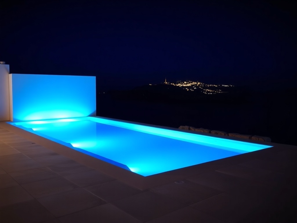 Corner of a private villa pool at blue hour, Greek-island style. The pool water glows luminous cyan from underwater lights against a deep indigo dusk sky. Behind, a dark hillside dotted with the warm lights of a whitewashed cliffside village, low stone boundary wall, dark sea meeting the sky at the horizon, matte grey pool deck in the foreground.