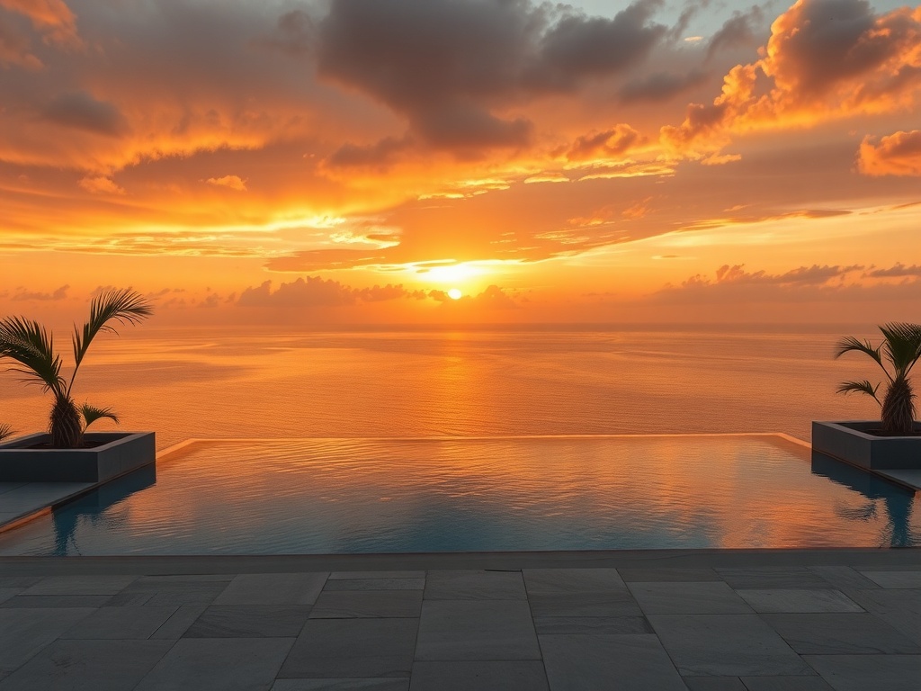 Edge of an infinity pool on an elevated terrace overlooking a vast calm sea or lagoon that merges with the horizon. Dramatic sunset sky in layered amber, gold and soft grey clouds, sun glow reflecting as a warm streak across the water. Minimal concrete planters with small trees and palm fronds entering the frame corners, stone-tile pool deck in the foreground.
